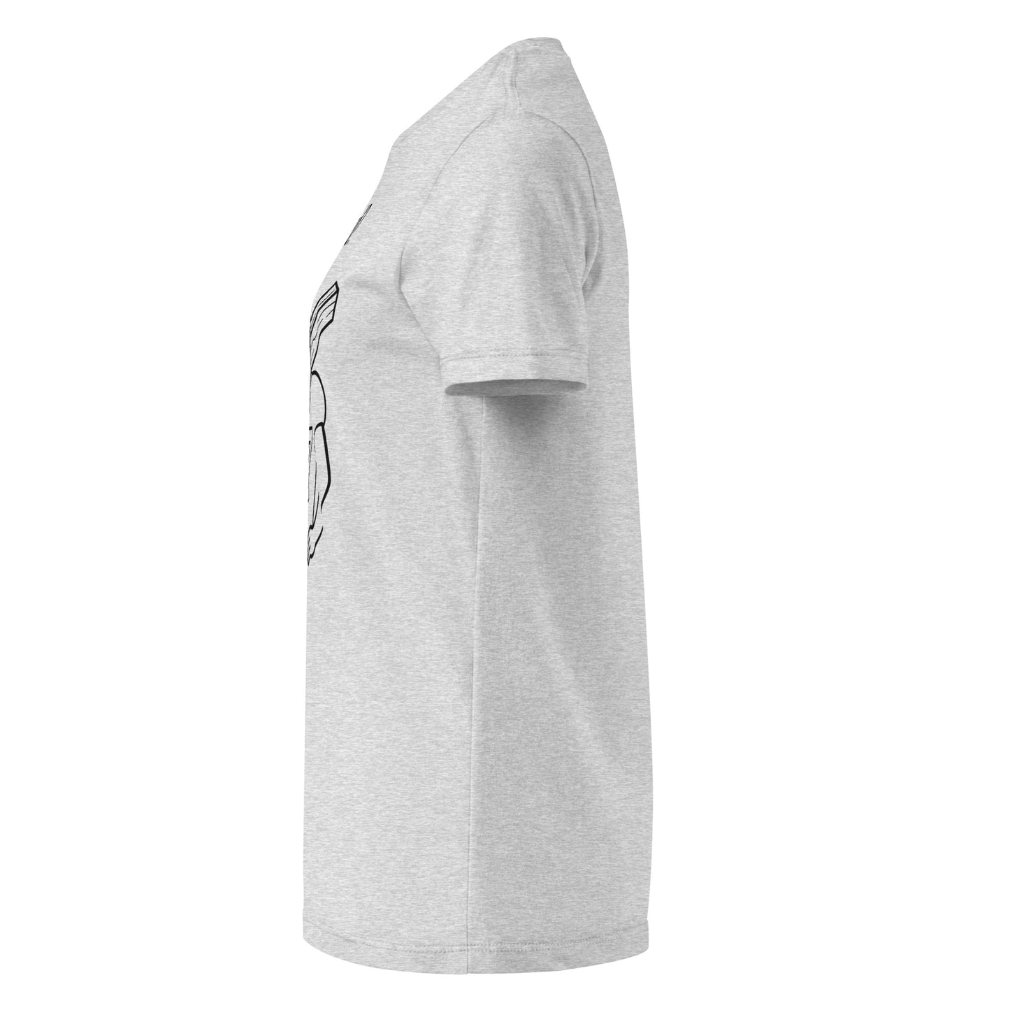 Gray t-shirt with a logo on the sleeve against a white background