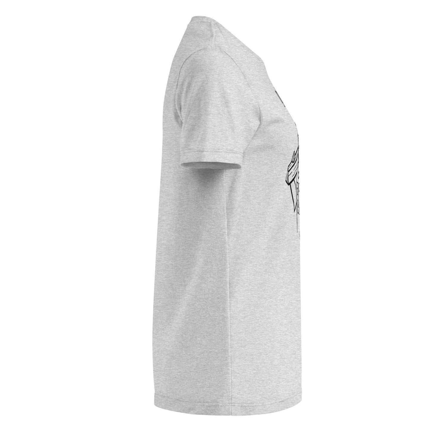 Gray t-shirt with a logo on the sleeve against a white background