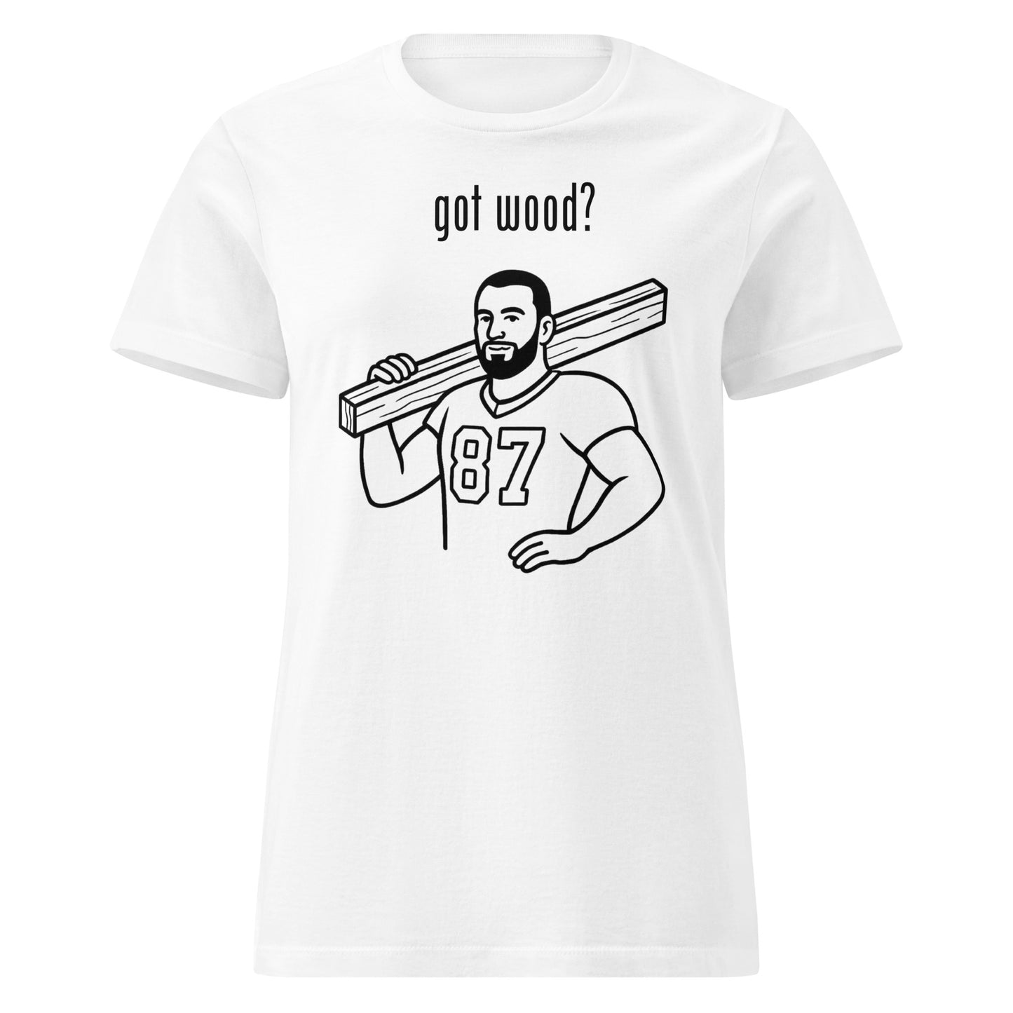 White t-shirt with graphic of a man holding wood and 'got wood?' text on a white background