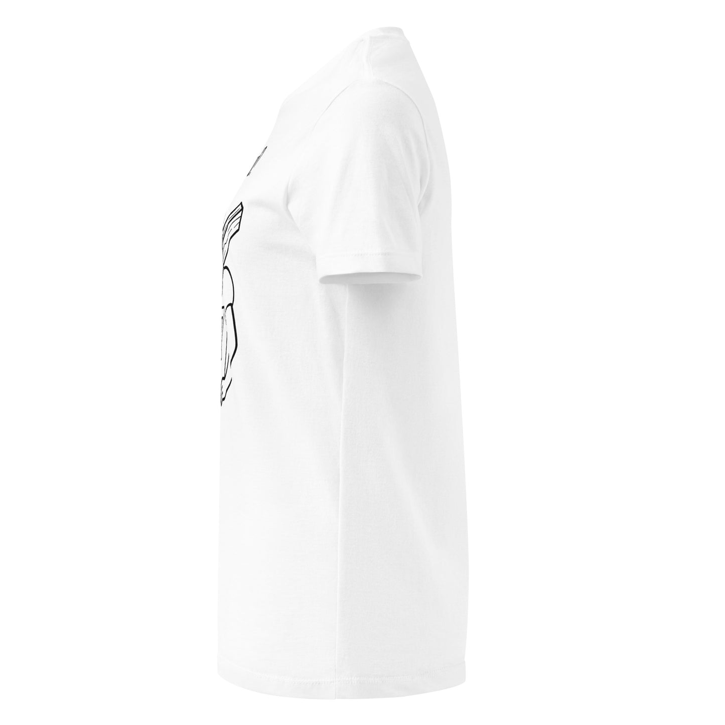 White t-shirt with black graphic design on a white background