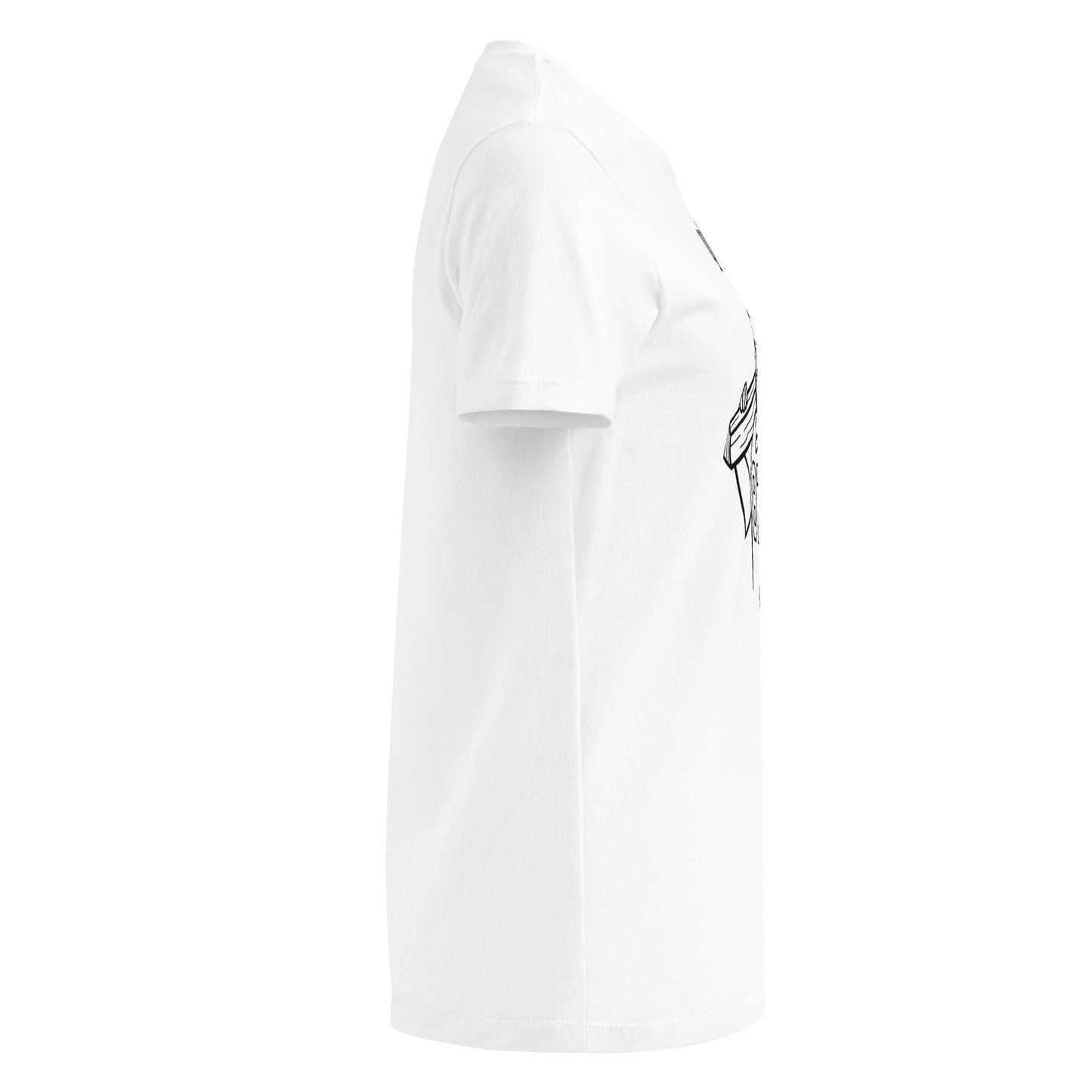 White t-shirt with a small graphic on the sleeve against a white background