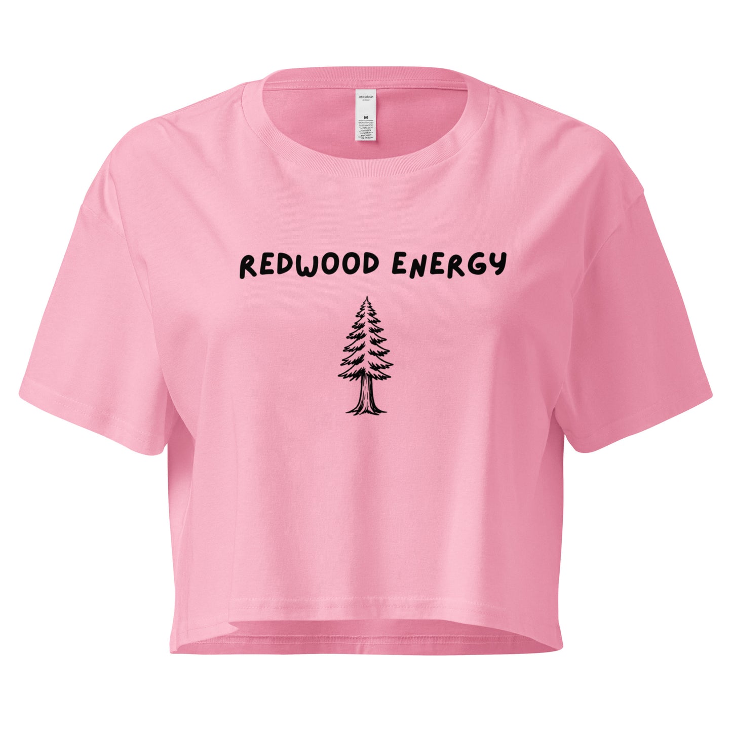 Pink crop top with 'Redwood Energy' text and tree graphic on a white background