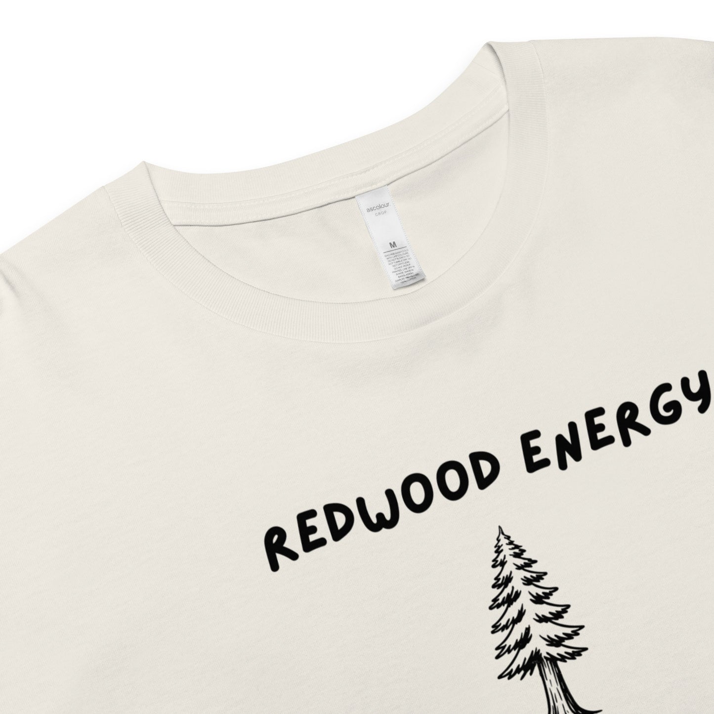 Beige t-shirt with 'Redwood Energy' text and tree graphic on a white background