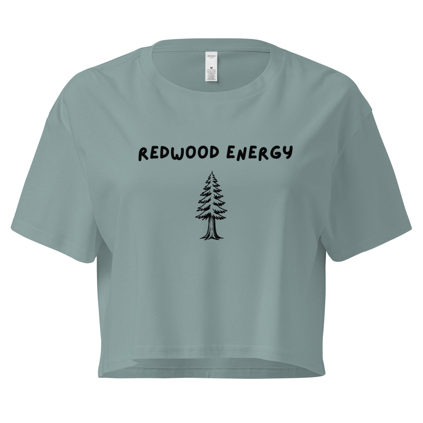 Light blue crop top with 'Redwood Energy' text and tree graphic on a white background