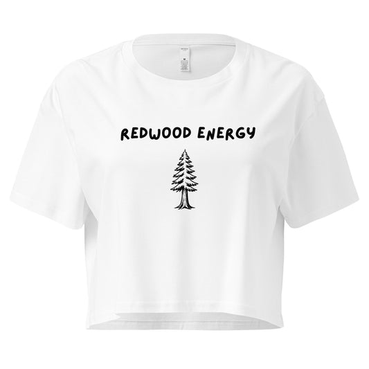 White t-shirt with 'Redwood Energy' text and tree graphic on a white background
