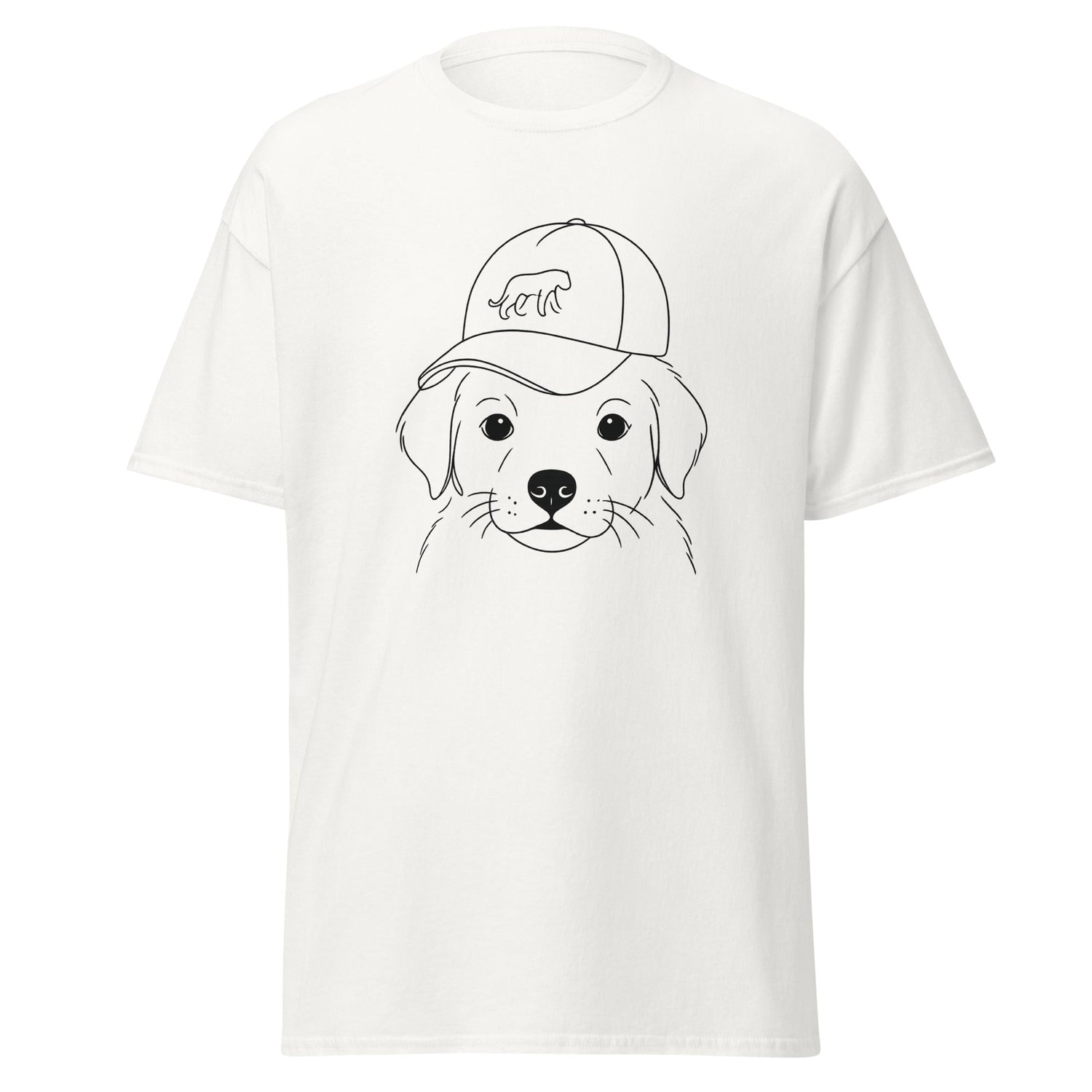 A white t shirt with a logo of a dog wearing a hat