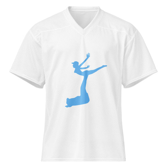 Air Jordon Logo of a man holding a woman in blue on a white background football jersey.