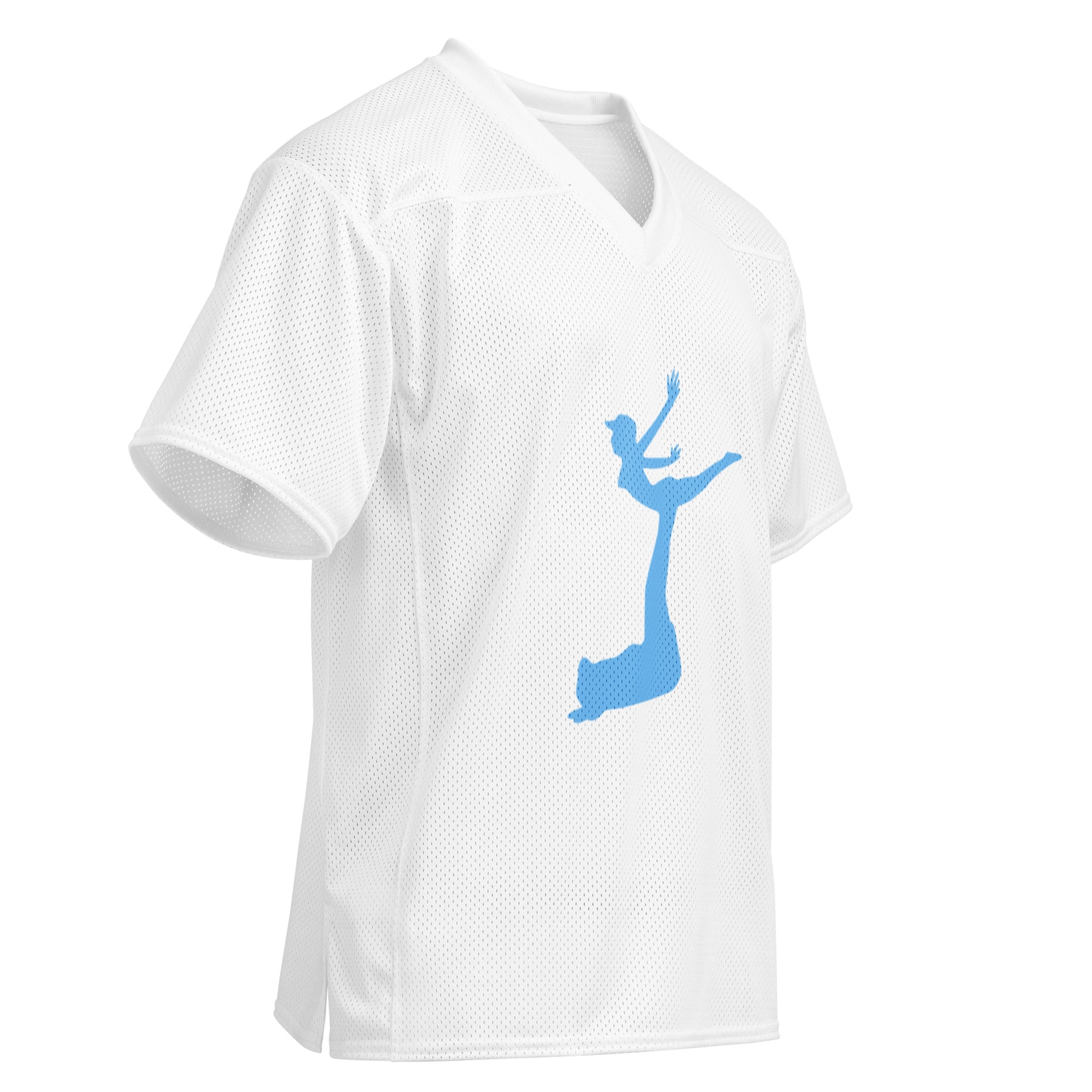 Air Jordon Logo of a man holding a woman in blue on a white background football jersey.
