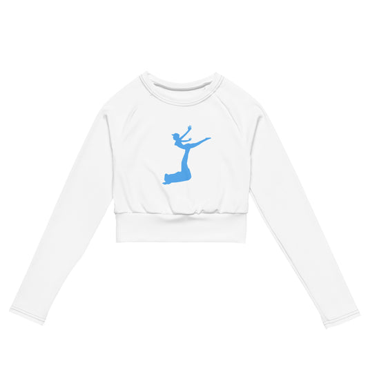 Air Jordon Logo of a man holding a woman in blue on a white crop top long sleeve t shirt.