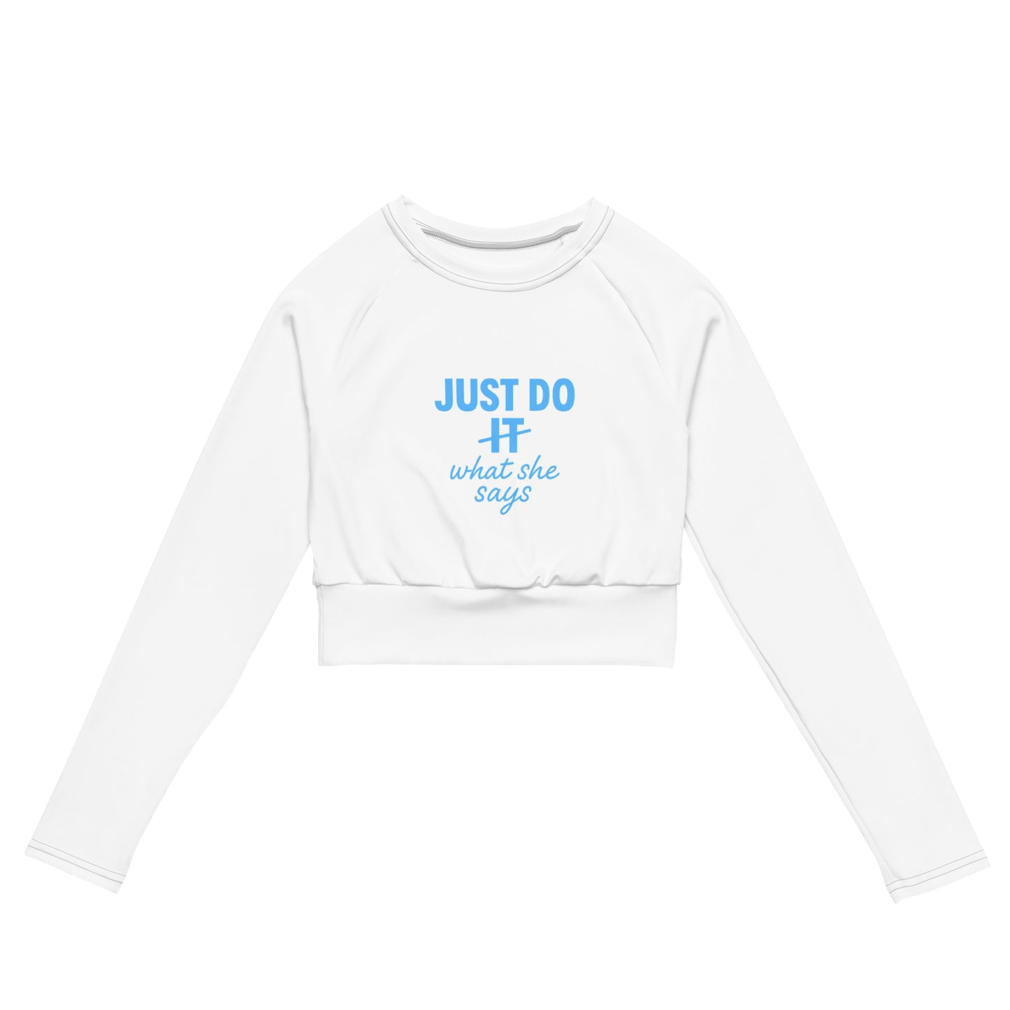 White long-sleeve crop top with blue text on a white background