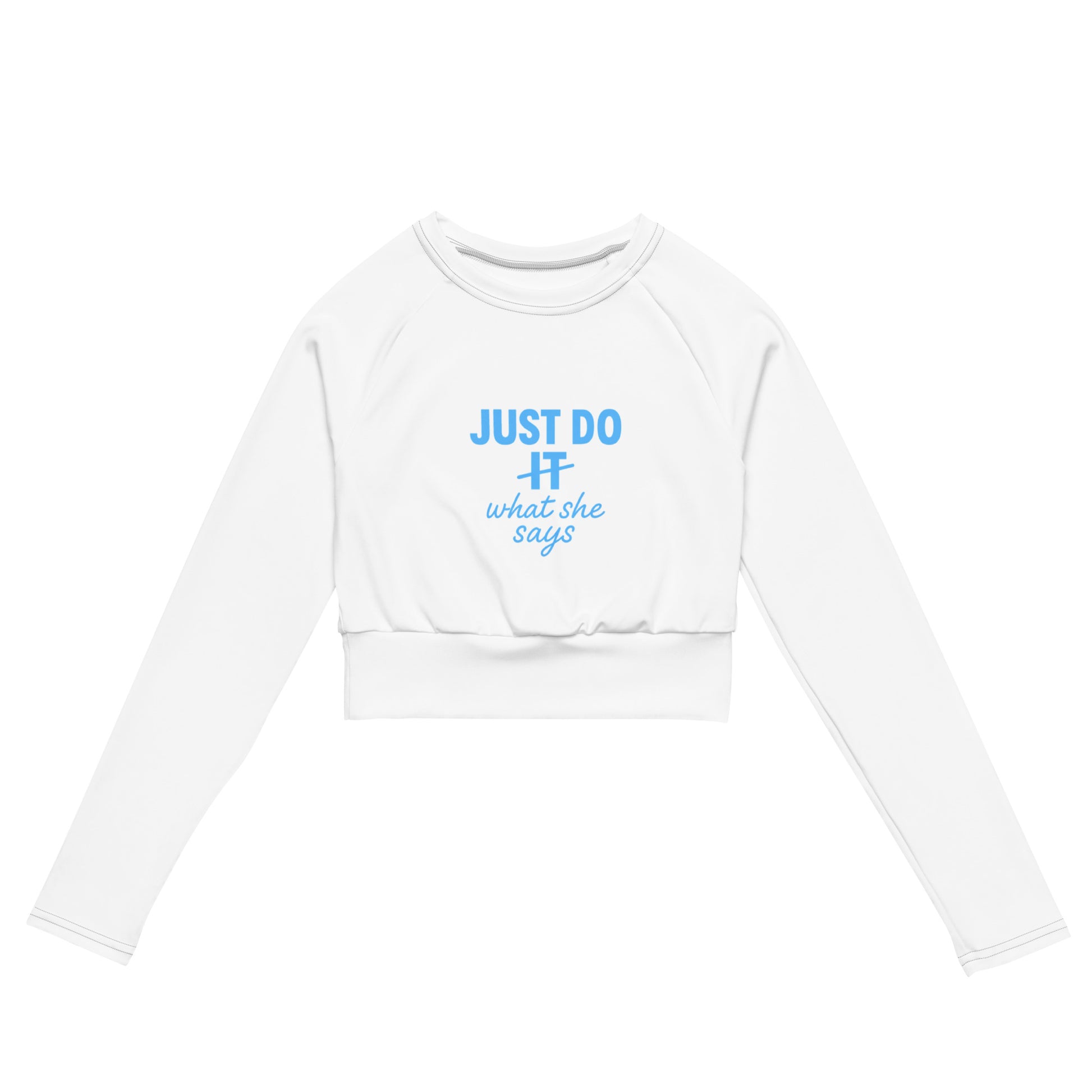 White long-sleeve crop top with blue text on a white background