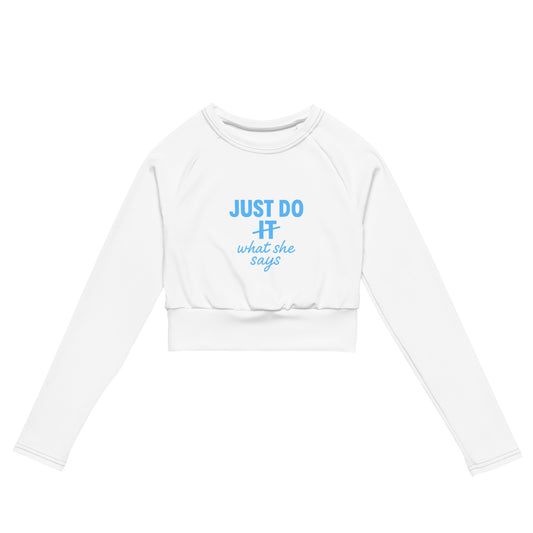 White long-sleeve crop top with blue text on a white background
