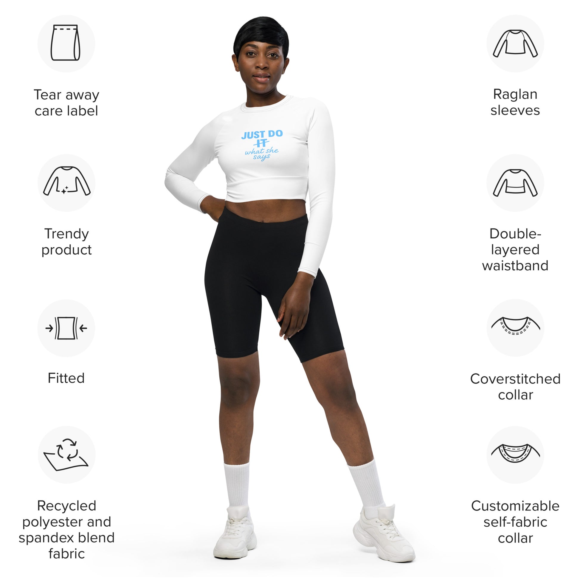 Woman wearing a white long-sleeve crop top and black bike shorts with features listed on the left.