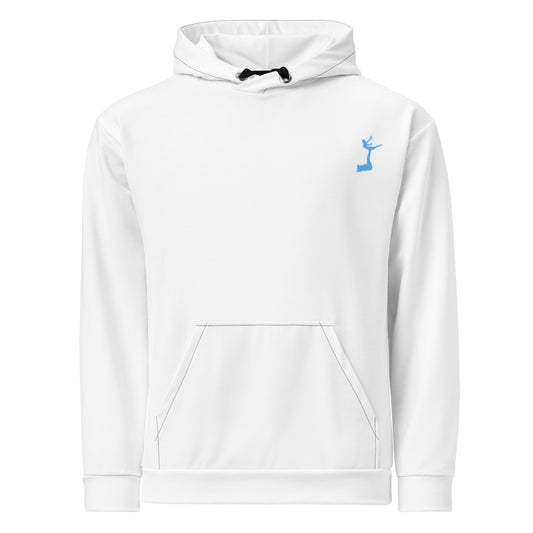 Air Jordon Logo of a man holding a woman in blue on the top left of a white long sleeve hoodie. 