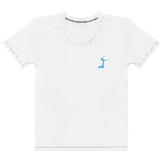 Air Jordon Logo of a man holding a woman in blue on the top left of a white t-shirt.