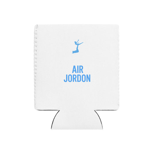 Air Jordon Logo of a man holding a woman in blue on a white coozie holder with Air Jordon printed on.