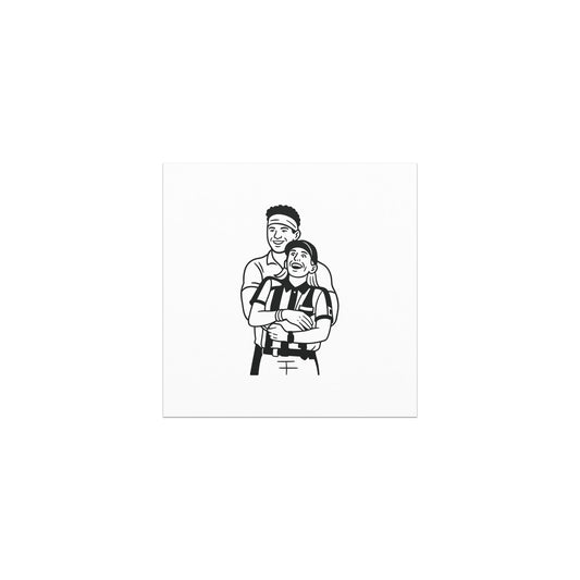 Black and white illustration of a referee and player on a white background