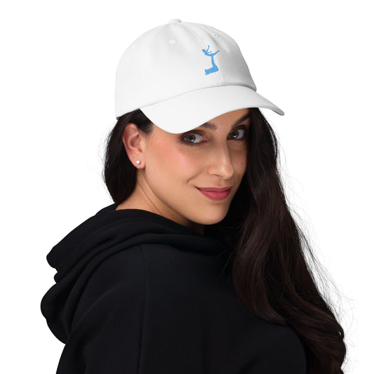 Woman wearing a white cap with a logo on a white background