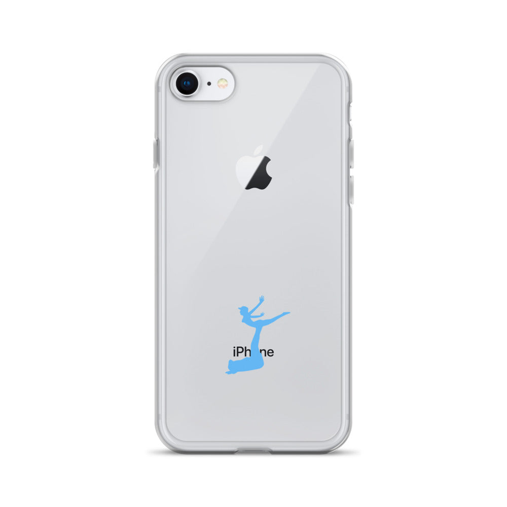 Clear phone case with blue 'iPhone' logo on a white background