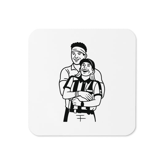 Illustration of two people hugging on a white background