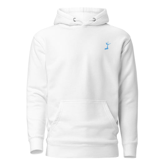 White hoodie with a small blue logo on a white background
