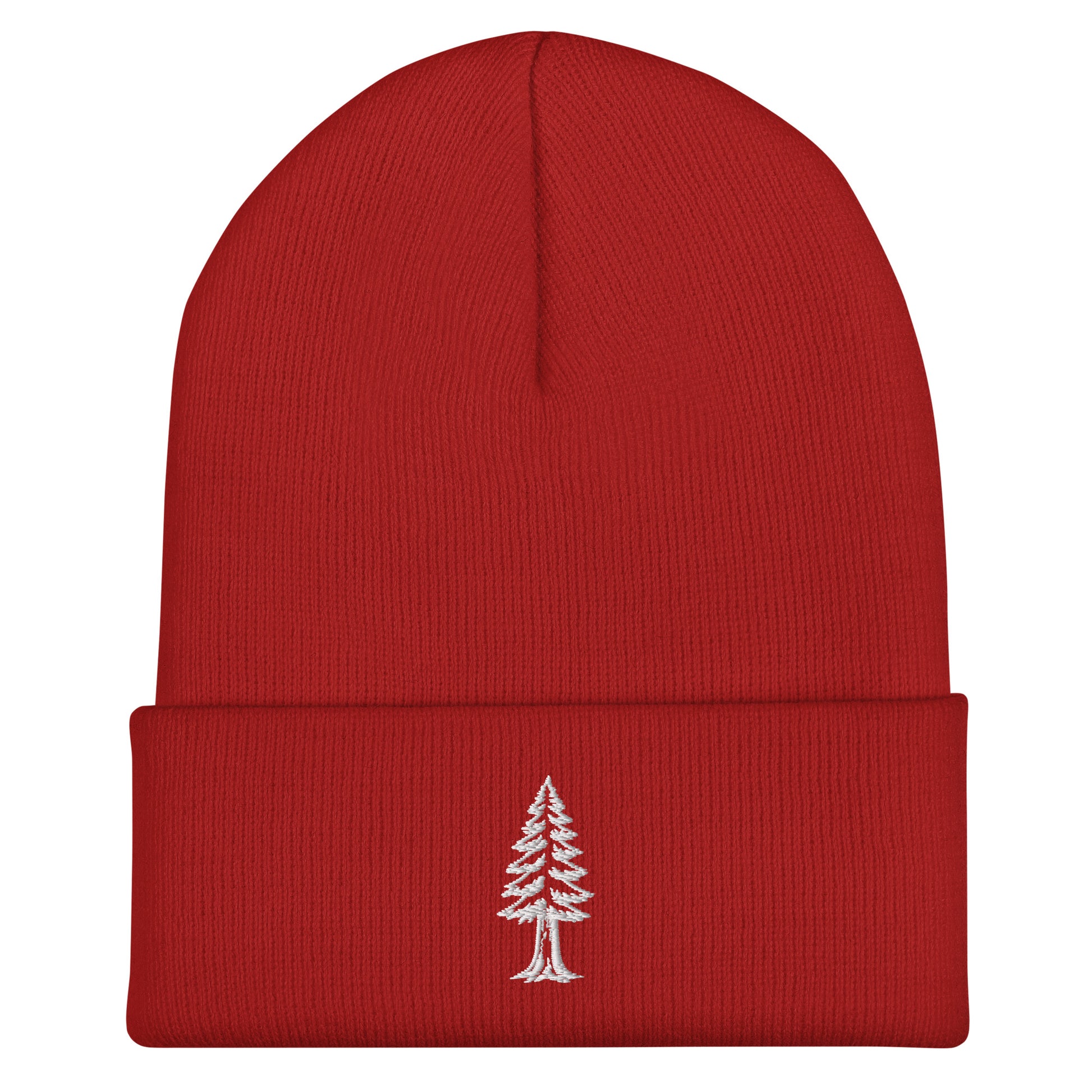 Red beanie with a white tree design on a white background