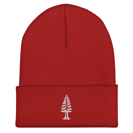 Red beanie with a white tree design on a white background