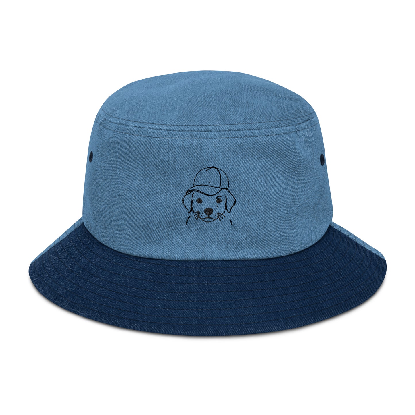 Blue bucket hat with a dog illustration on a white background