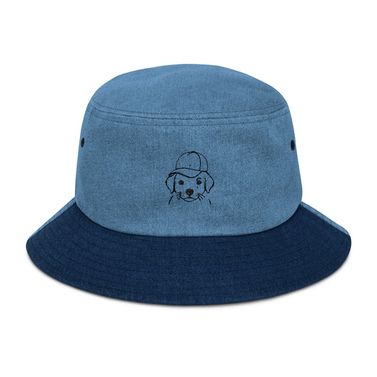 Blue bucket hat with a dog illustration on a white background