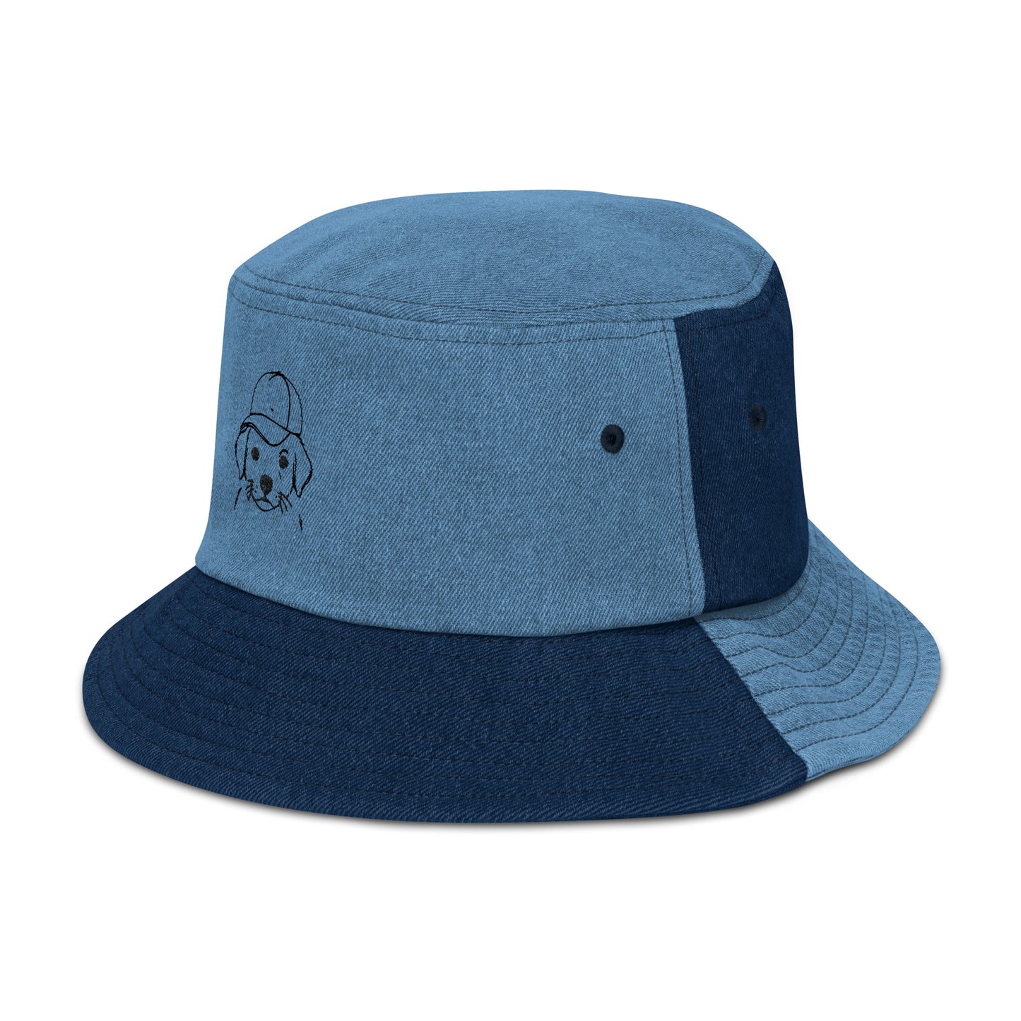 Two-tone blue bucket hat with a small logo on a white background