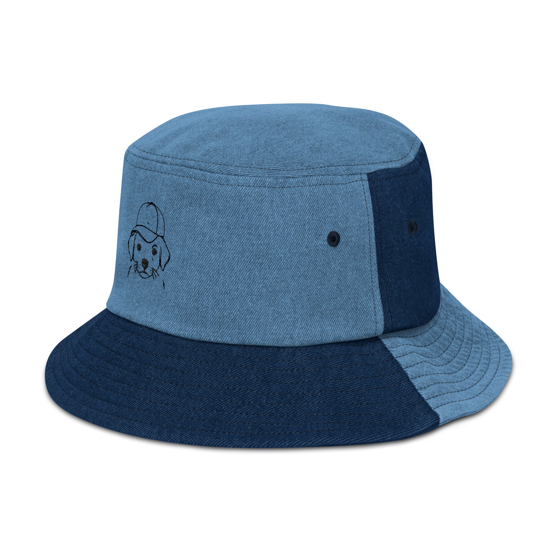 Two-tone blue bucket hat with a small logo on a white background