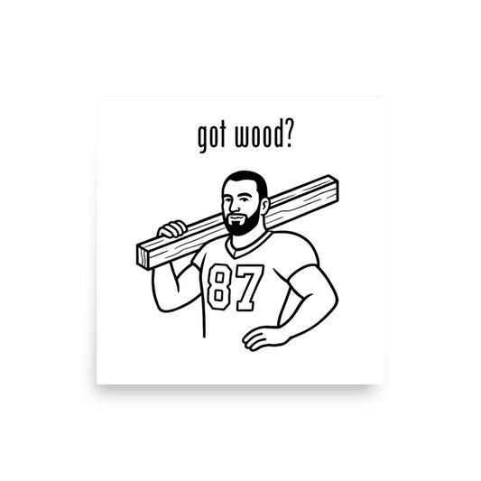Illustration of a person carrying wooden planks with 'got wood?' text above.