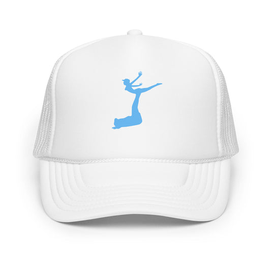 White cap with a blue silhouette of a dancer on a white background