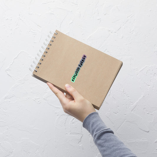 Hand holding a brown notebook with colorful stickers on a light gray background