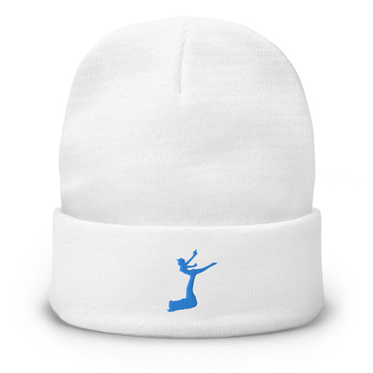 White beanie with a blue embroidered design on a white background