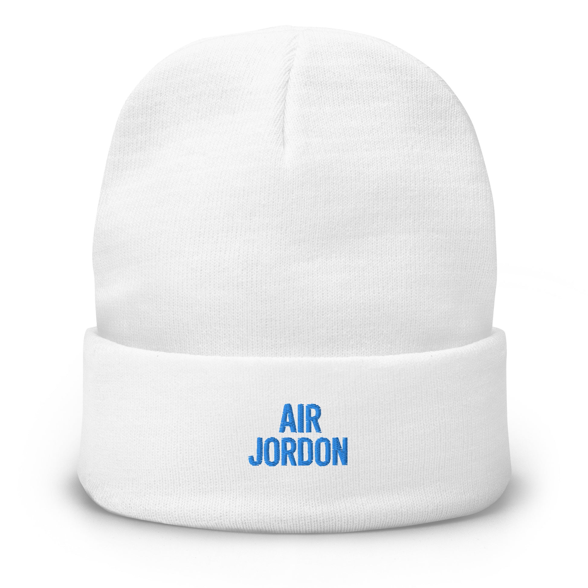 White beanie with 'AIR JORDON' text in blue on a white background