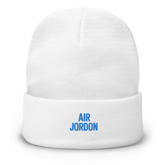 White beanie with 'AIR JORDON' text in blue on a white background
