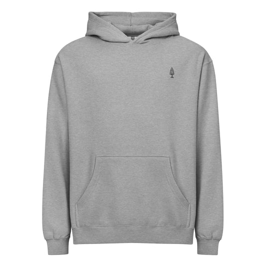 Gray hoodie with a small logo on the chest against a white background