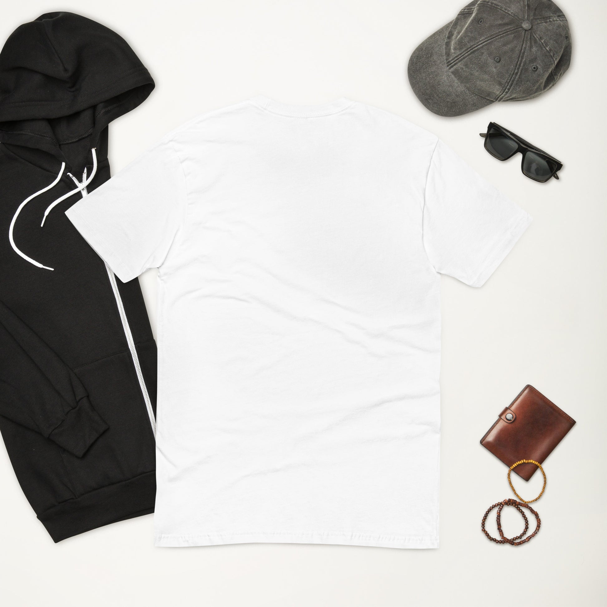Black hoodie, white t-shirt, gray cap, sunglasses, brown wallet with keychain on a white background