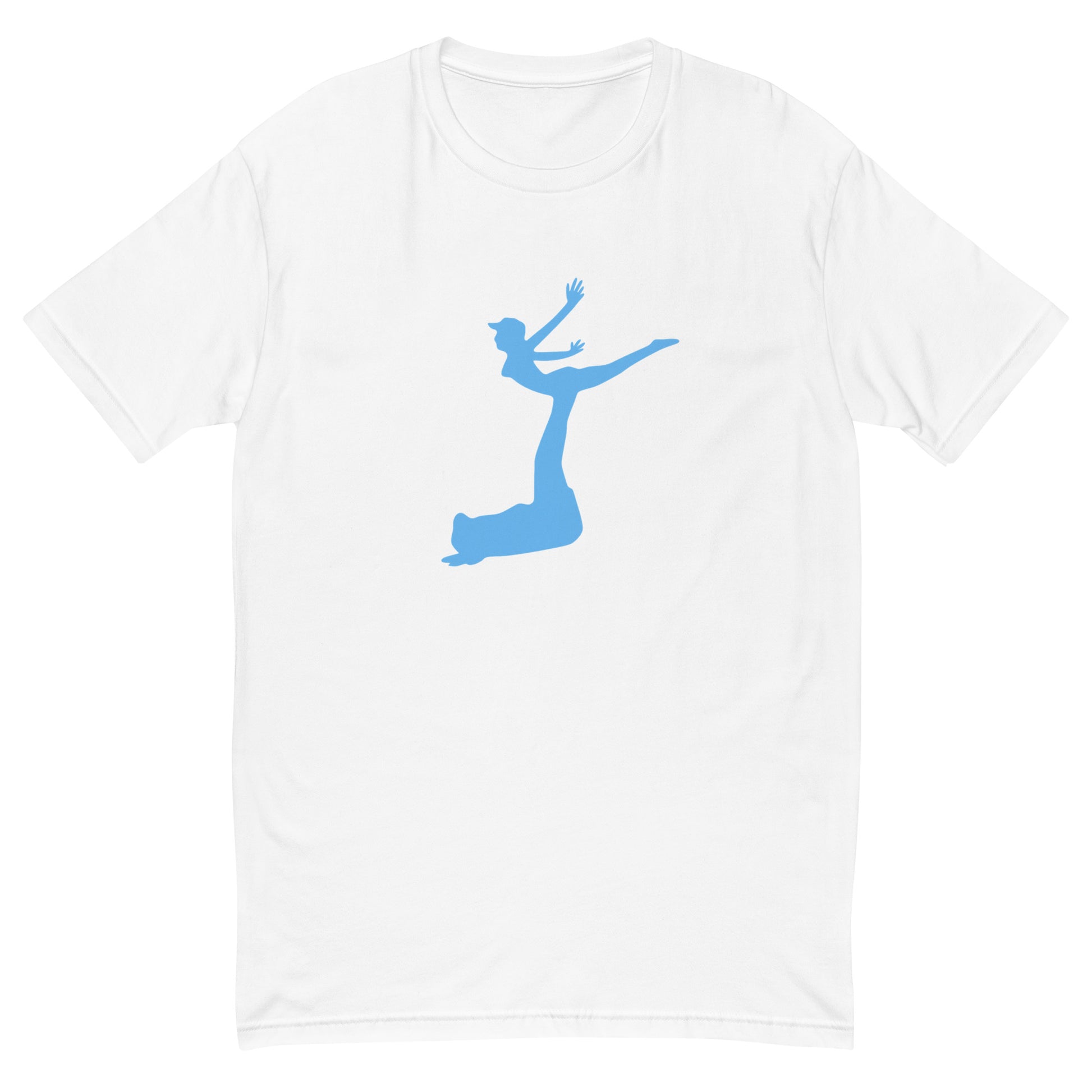 White t-shirt with a blue silhouette of a dancer on a white background