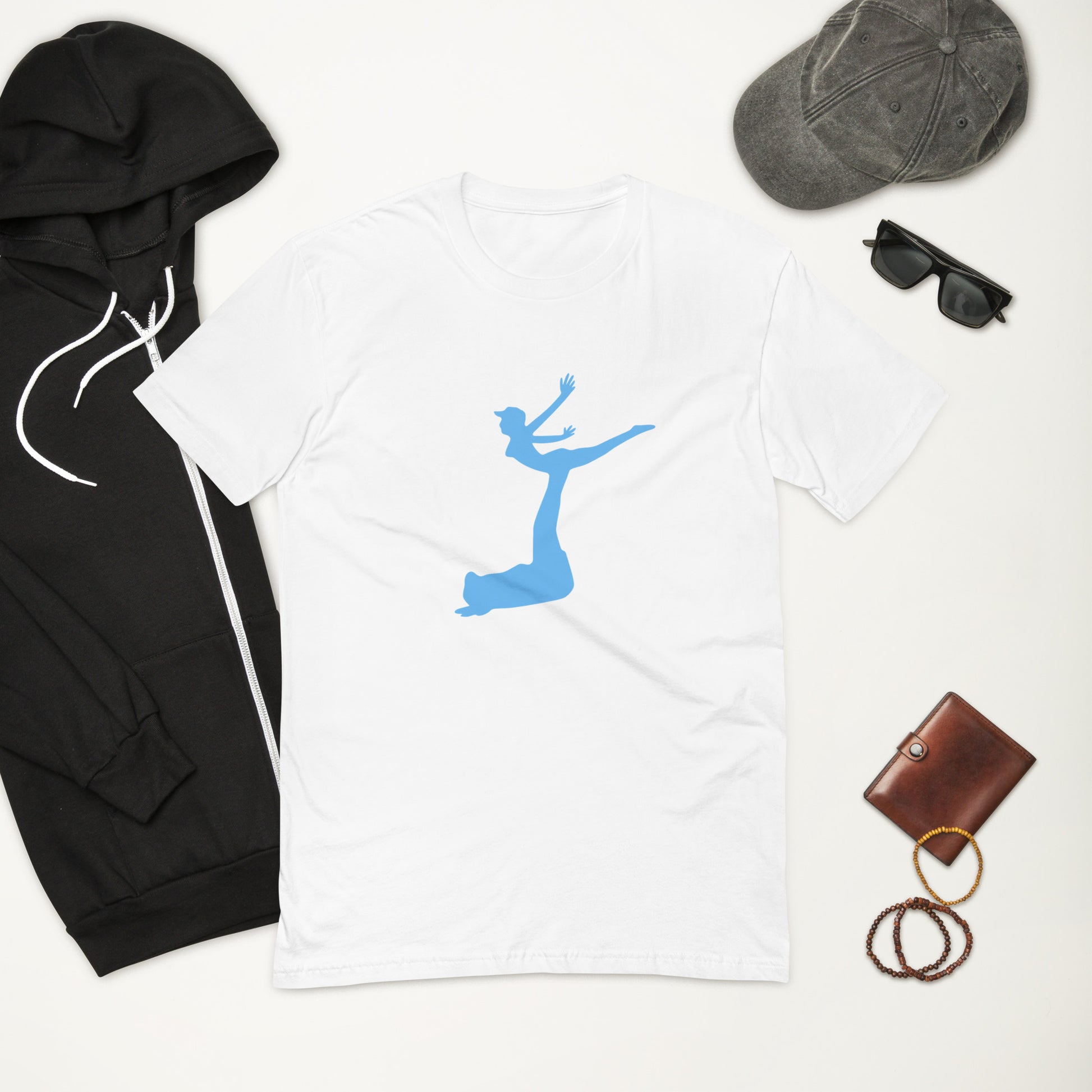 White t-shirt with blue dancer silhouette, black hoodie, gray cap, sunglasses, and brown wallet on a white background