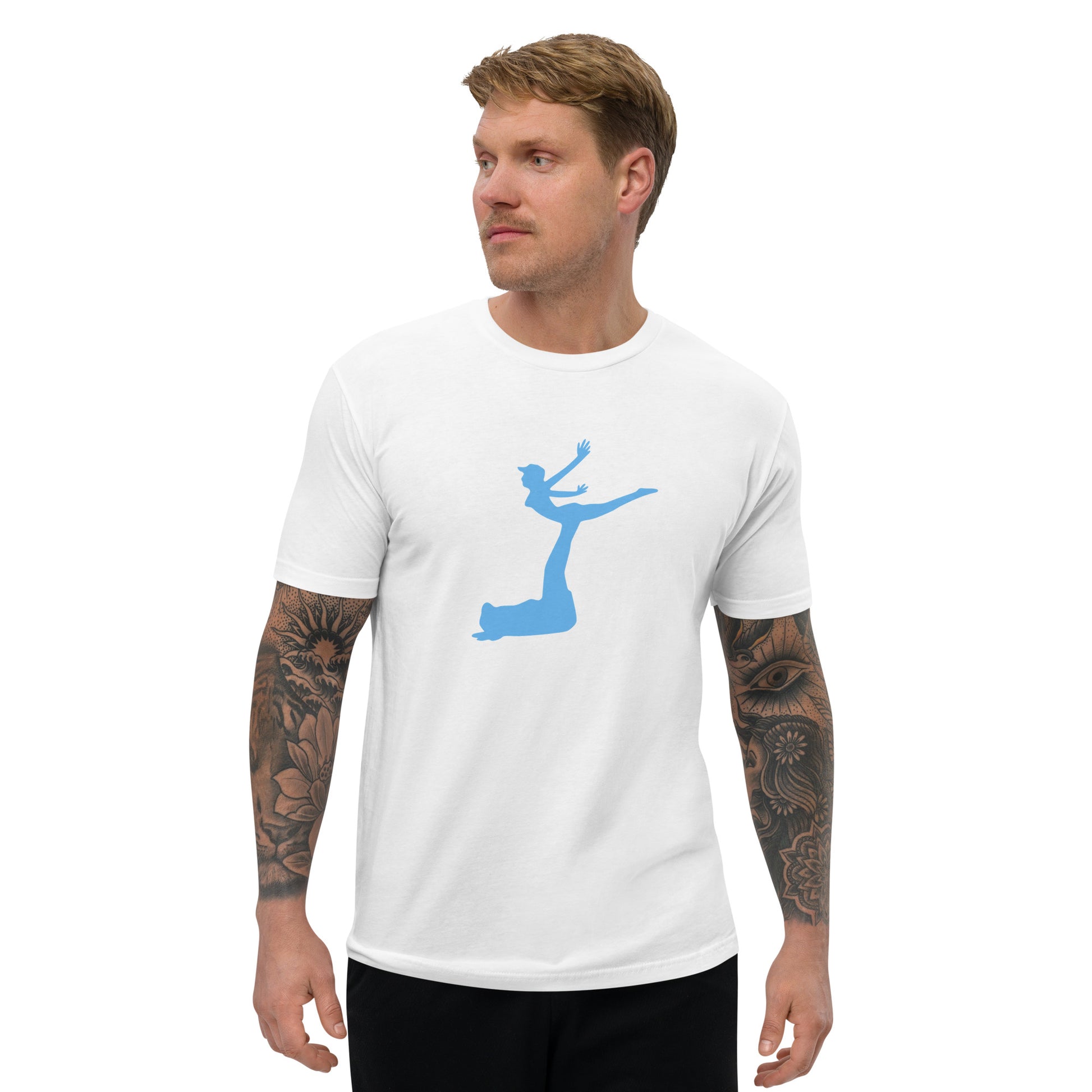 Man wearing a white t-shirt with a blue graphic on a white background
