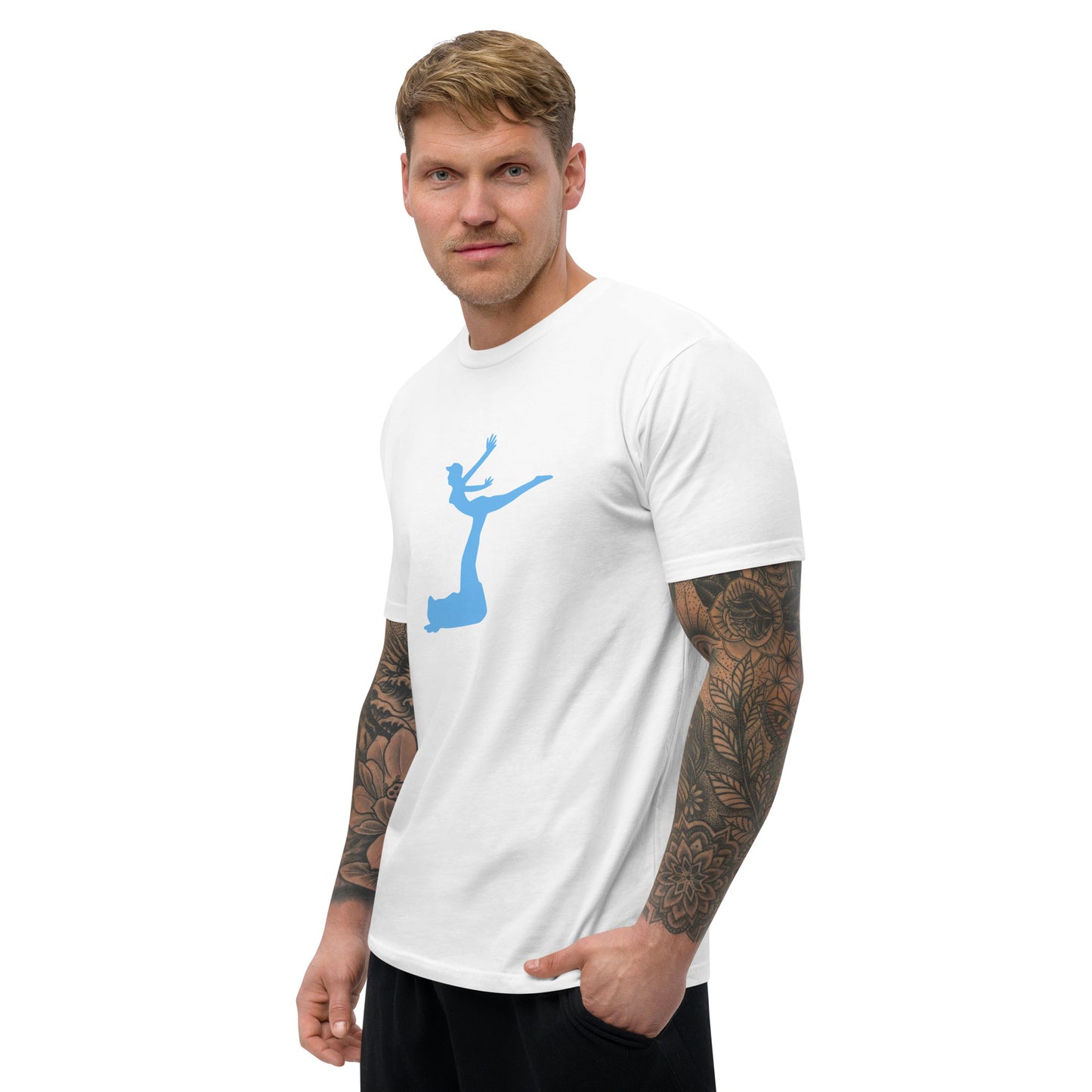 Man wearing a white t-shirt with a blue graphic on a white background