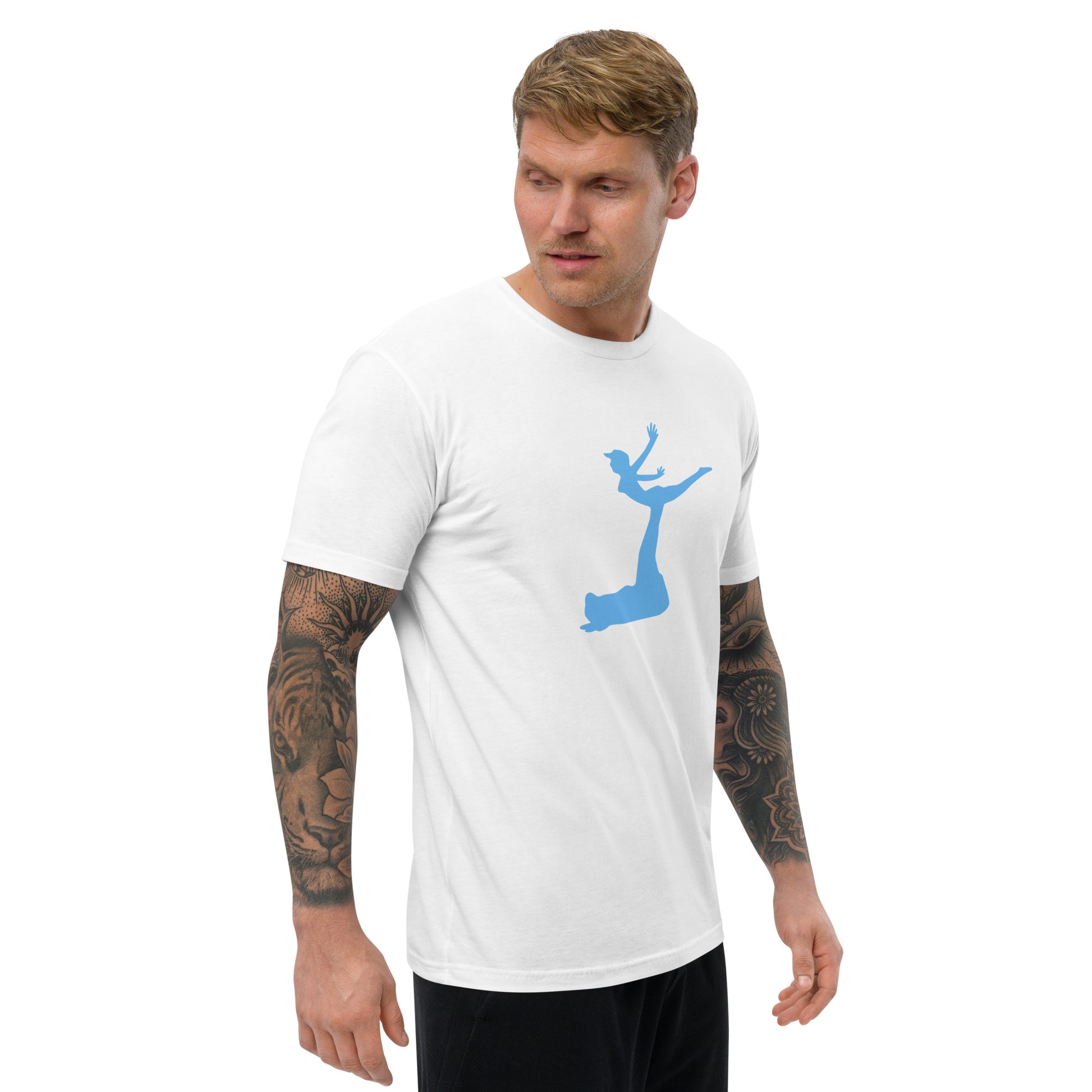 Man wearing a white t-shirt with a blue graphic on a white background