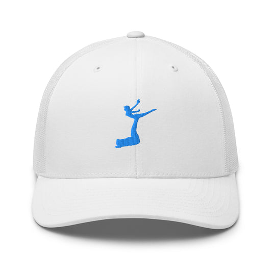 White cap with a blue logo on a white background