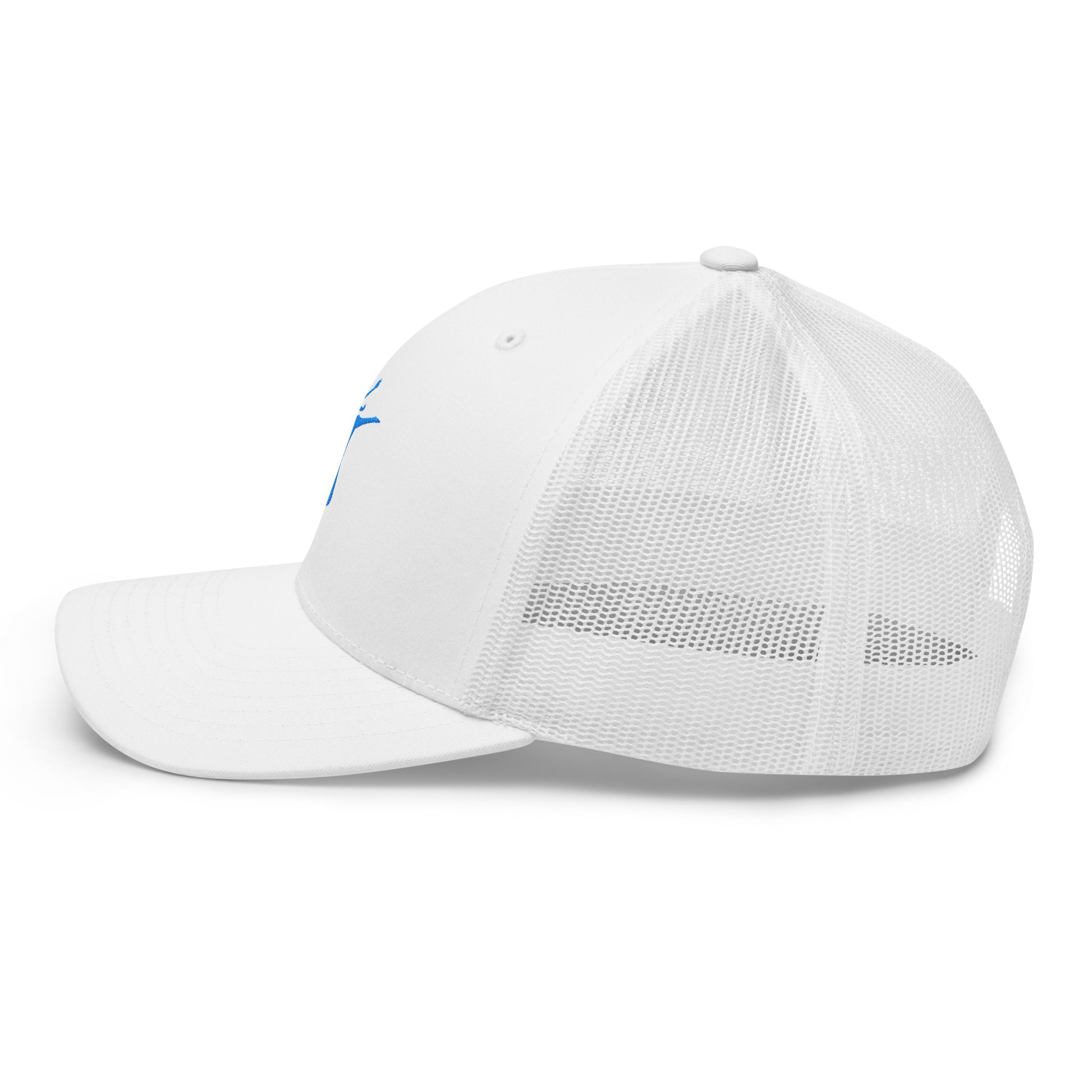 White baseball cap with mesh back on a white background