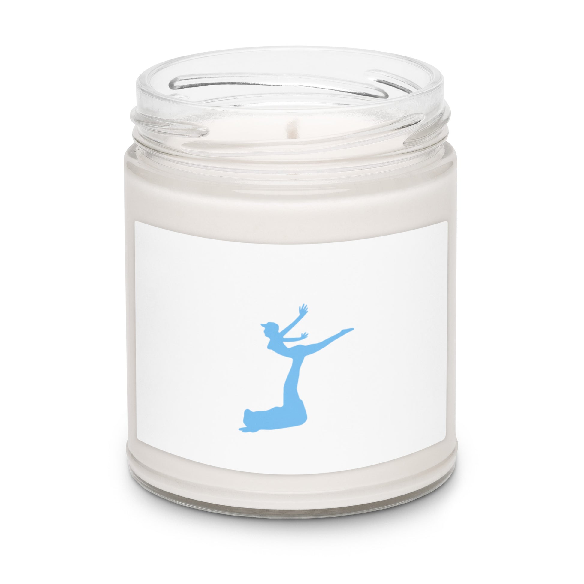 Air Jordon Logo of a man holding a woman in blue on the label of an open candle jar and white soy color.