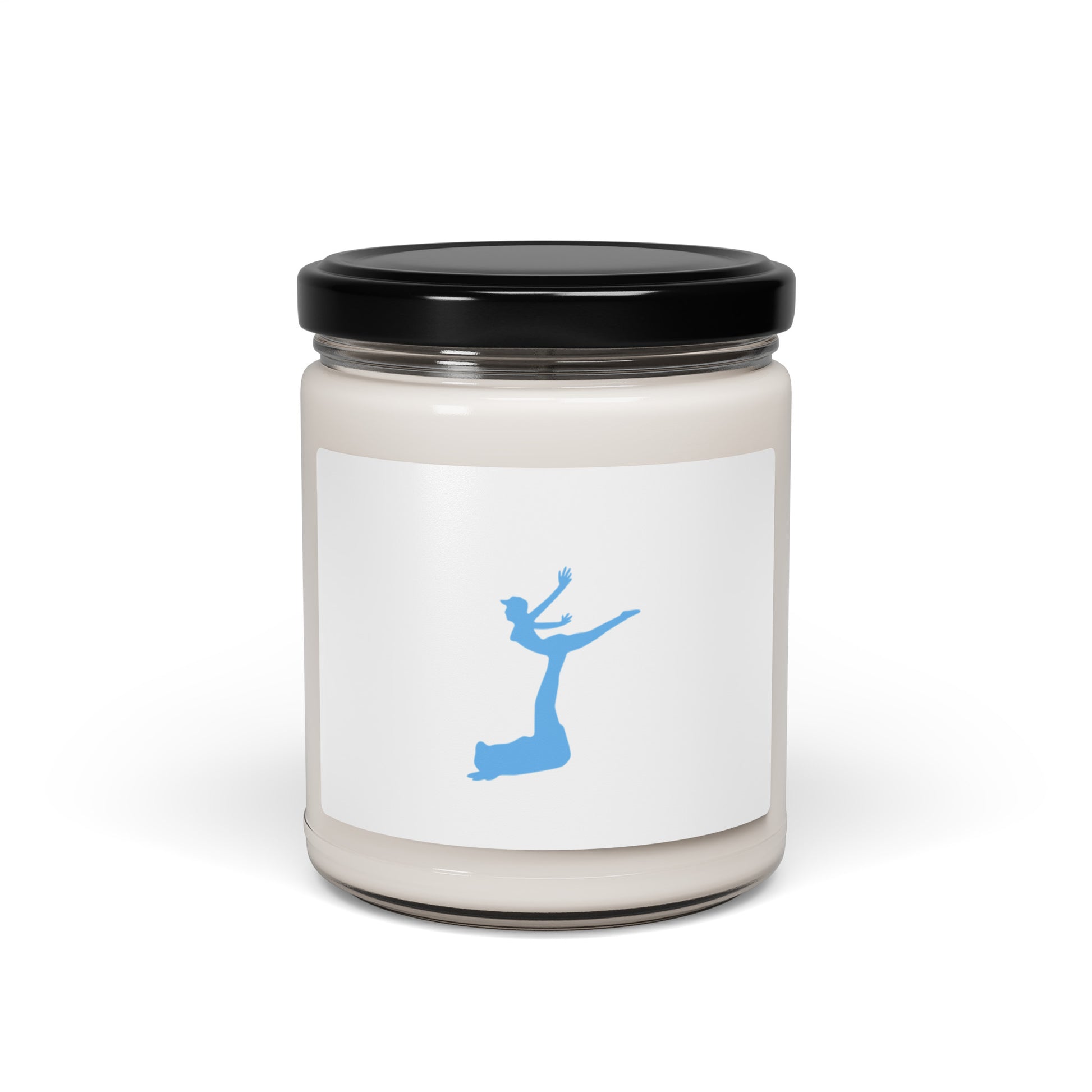Air Jordon Logo of a man holding a woman in blue on the label of a candle with a black top on and white soy color.