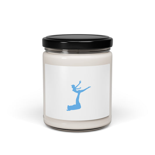 Air Jordon Logo of a man holding a woman in blue on the label of a candle with a black top on and white soy color.