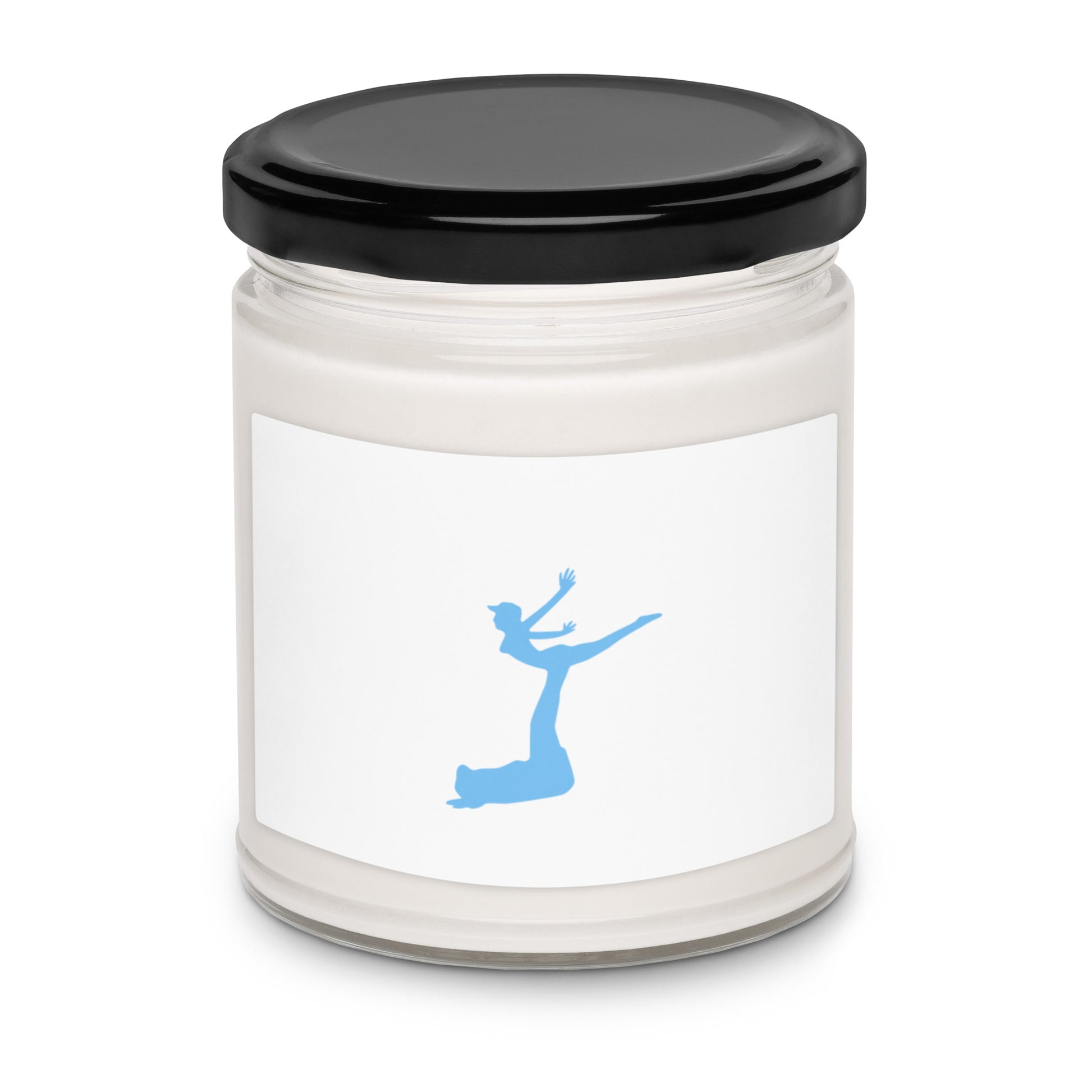 Air Jordon Logo of a man holding a woman in blue on the label of a candle with a black top on and white soy color.